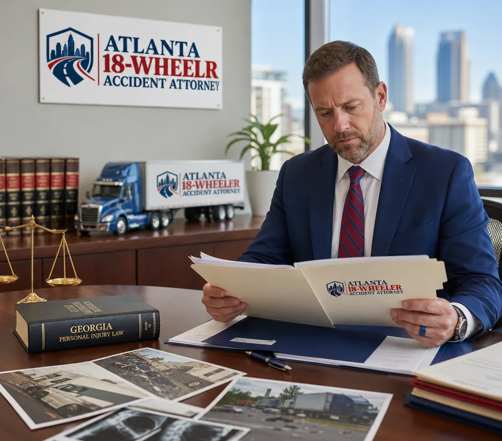 Attorney reviewing an injury claim file with accident-scene photos and medical paperwork