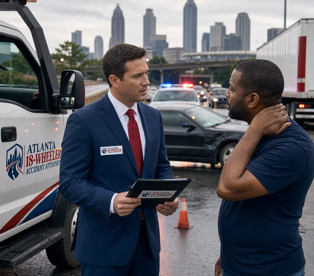 Atlanta car crash scene with police lights, a tow truck, and a lawyer speaking with an injured driver