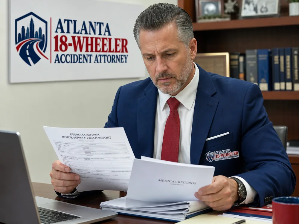 Attorney reviewing a Georgia crash report and medical records at a desk