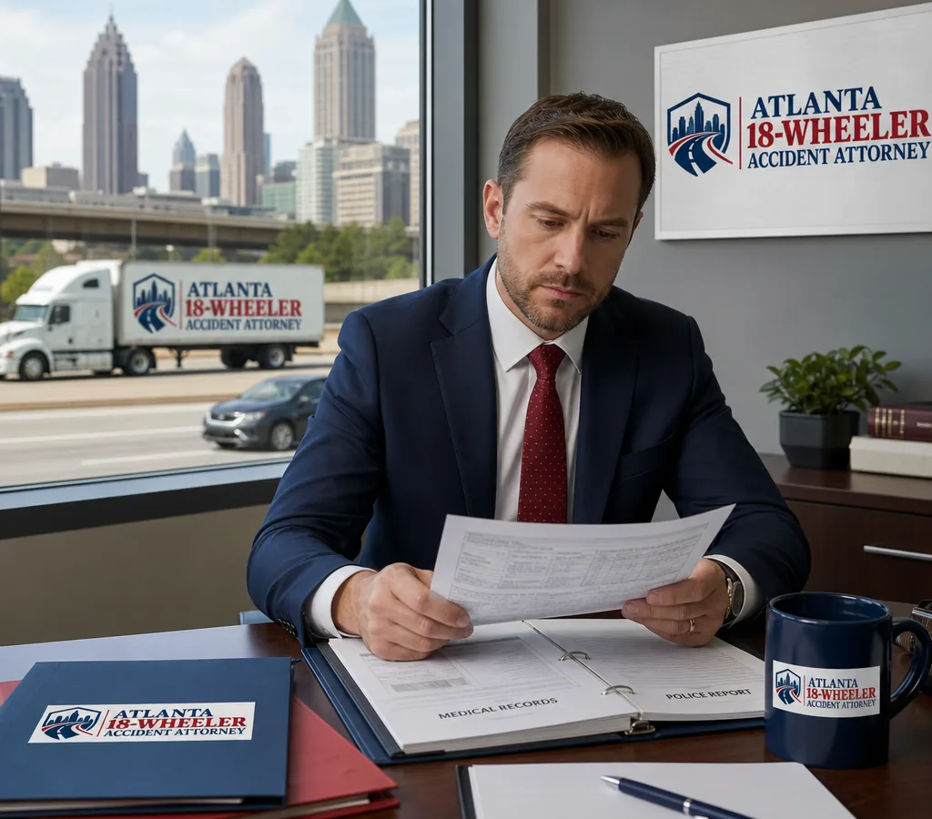 Attorney reviewing medical records and a police report for an Atlanta crash claim