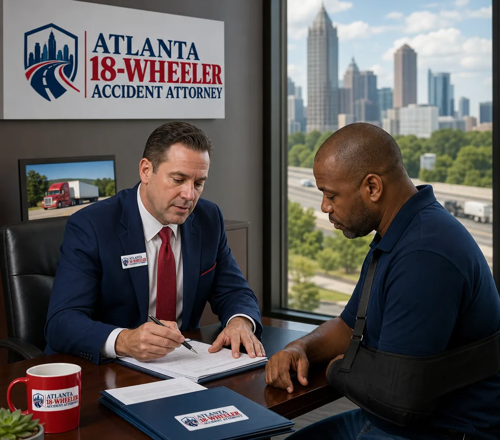 Attorney reviewing documents with an injured client in a professional Atlanta office
