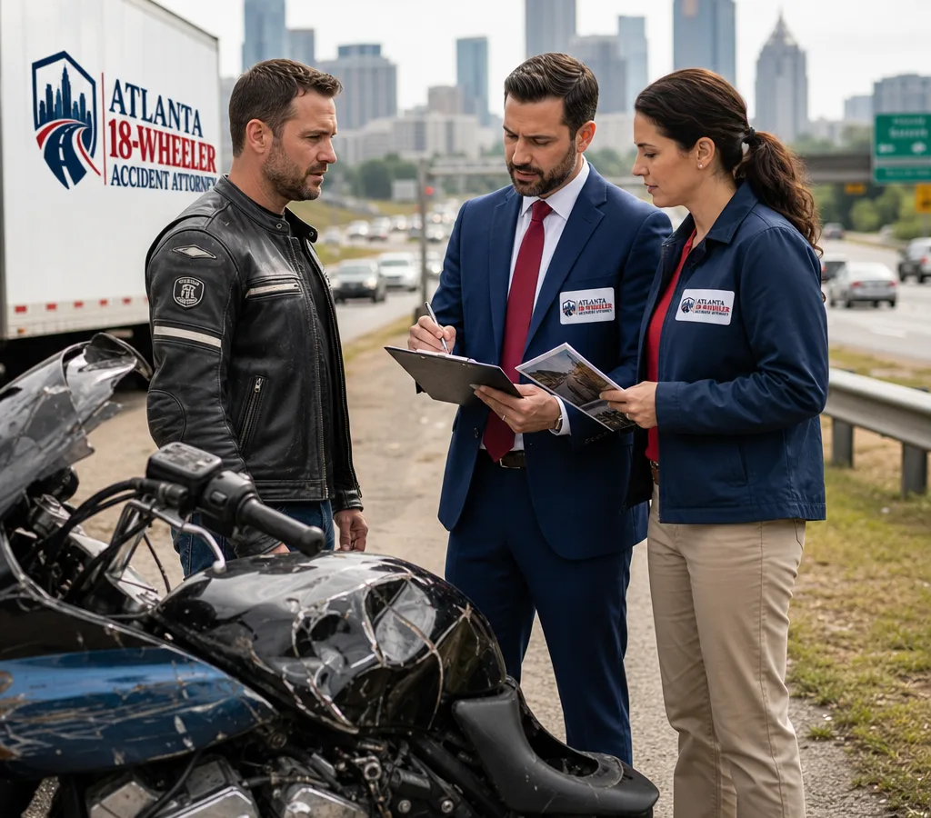 Atlanta motorcyclist beside a damaged motorcycle while an attorney and investigator review crash evidence