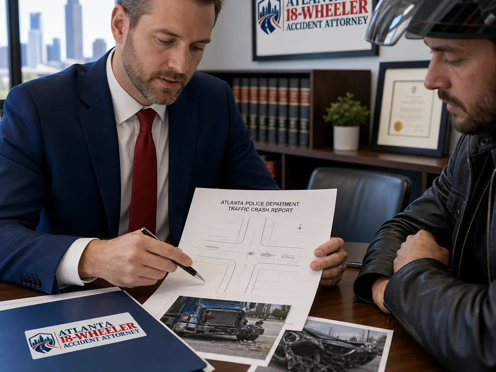 Attorney reviewing an Atlanta police crash report, intersection diagram and motorcycle collision photos with a rider