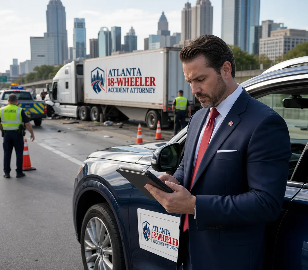 Atlanta roadway collision scene with traffic control and a legal professional reviewing a case file