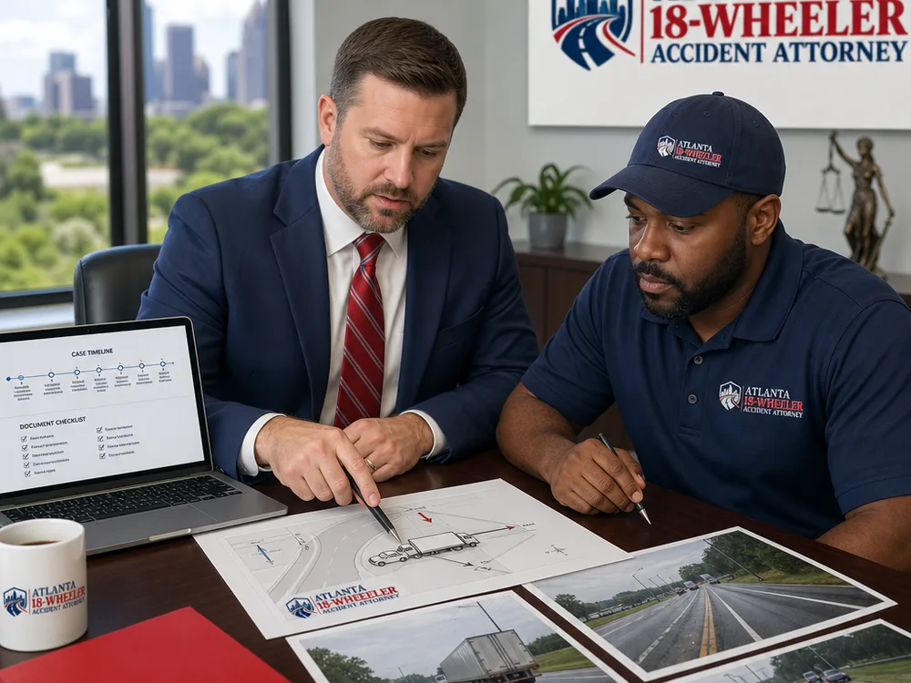 Lawyer and investigator reviewing a crash diagram, roadway photographs, and a case timeline