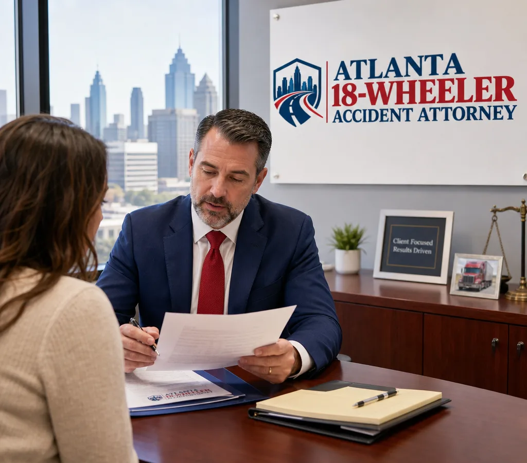 Atlanta attorney reviewing a car crash case file with a client