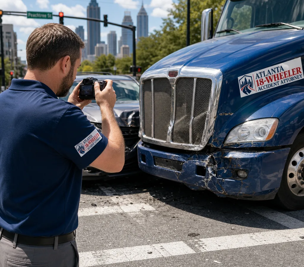 Lawyer or investigator photographing vehicle damage near an Atlanta city intersection