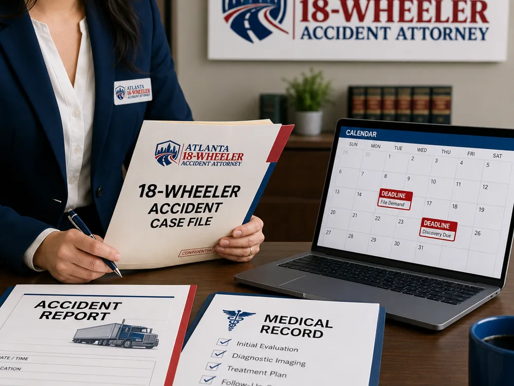Accident report, medical record checklist, and deadline calendar in a professional case file
