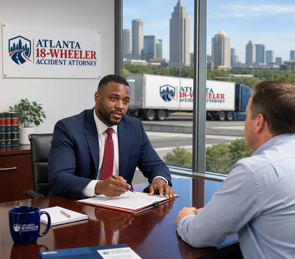 Atlanta attorney meeting with a client over truck accident case documents with a tractor-trailer visible outside