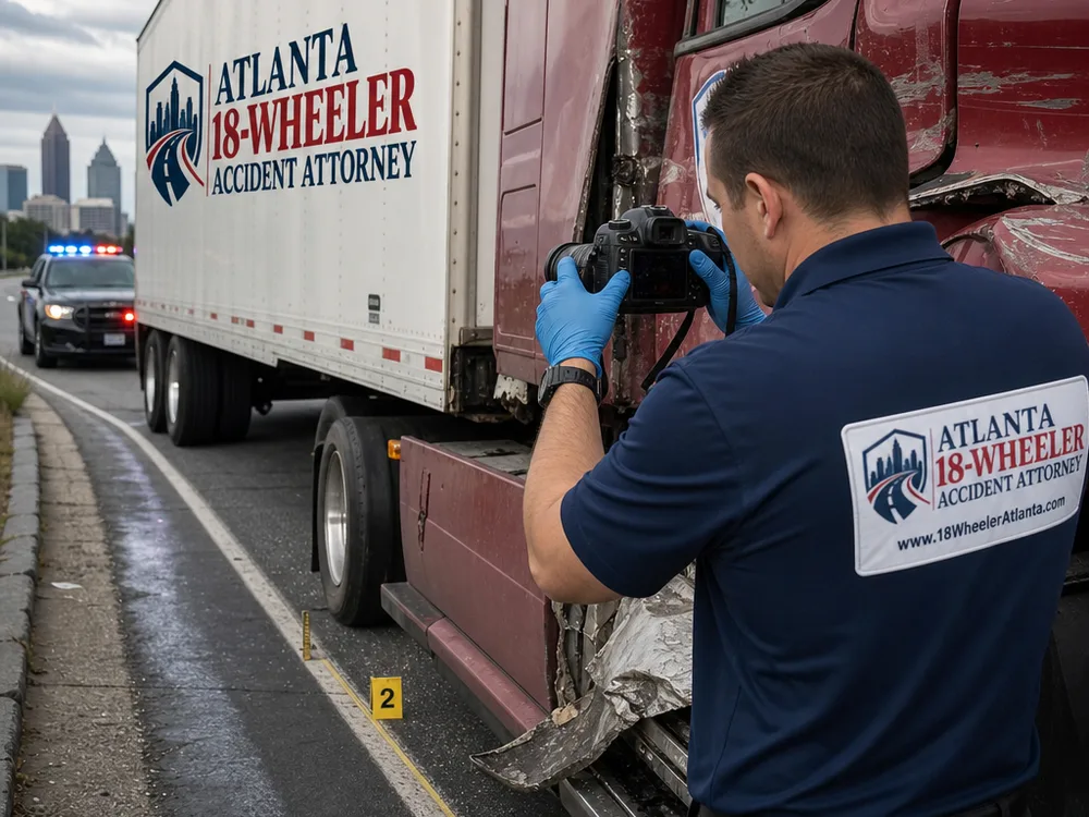 Investigator photographing tractor-trailer damage and roadway measurement markings at a crash scene