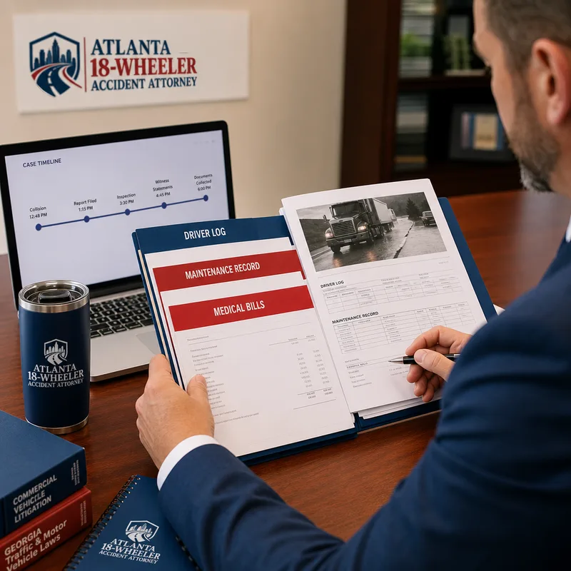 Professional reviewing driver logs, maintenance records, medical bills, and a collision timeline
