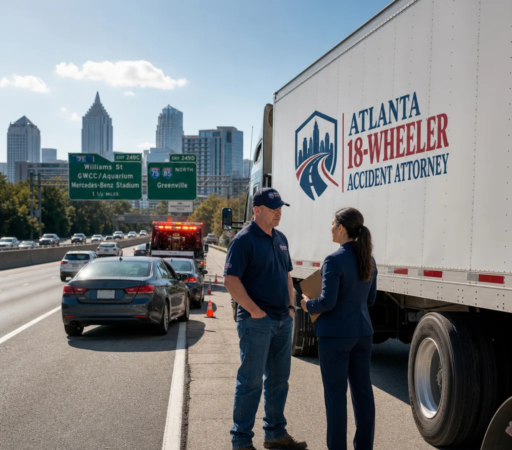 Tractor-trailer and passenger vehicles safely stopped on the shoulder of an Atlanta roadway with emergency lights in the distance