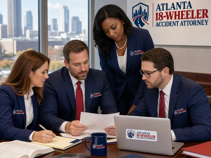 Legal team reviewing case documents in a conference room